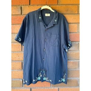 Marine Layer Resort Shirt Embroidered Hawaiian Cotton Camp | Navy | Mens Size XL